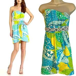 Lilly Pulitzer Crystal Strapless Dress Lagoon Blue Green Resort Wear Size 0